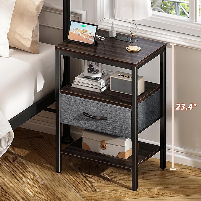 SUPERJARE Nightstand Set of 2, Bed Side Tables with Charging Station, Adjustable Fabric Drawer, Night Stand for Bedroom, 3-Tier Storage End Tables, Walnut, 8694NC