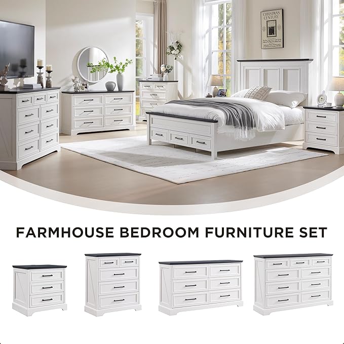 ACCOHOHO Farmhouse Queen Size Bed Frame with 52" Tall Headboard, Wood Platform Bedframe with Footboard and Storage Drawers, No Squeak, No Box Spring Needed, Off White