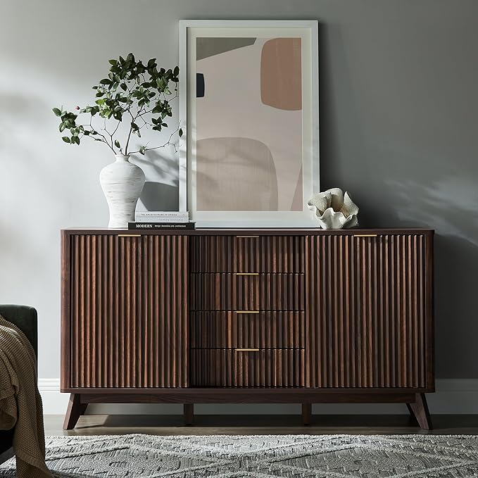 T4TREAM 60" Fluted Dresser with Sliding Doors and 4 Drawers, Modern Chest, Curved Profile Design, Dresser TV Stand, Wood Drawer Organizer for Bedroom, Living Room, Dark Walnut