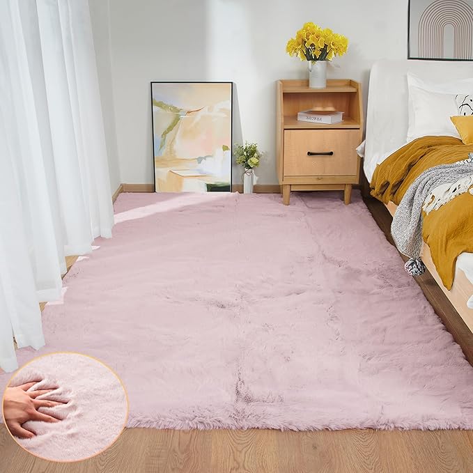 Pink Washable Fluffy Rug 5x7 Area Rugs for Bedroom Plush Faux Rabbit Shag Fur Rug for Living Room Nursery