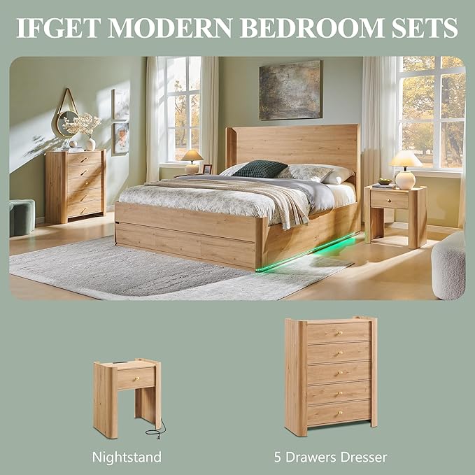 Modern 5 Drawer Dresser for Bedroom, Wooden Chest of Drawers with Curved Profile Design, 39.6" Tall Wood Dresser with Golden Metal Handle for Bedroom, Living Room, Hallway, Natural