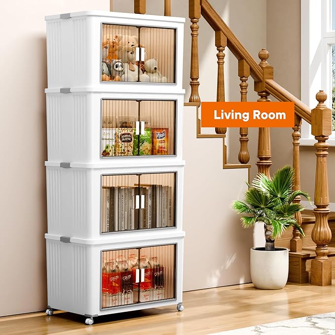 3 Tier 324 Qt Storage Bins with Lids - Stackable Storage Bins, Large Plastic Storage Boxes for Toy, Closet, Open Front Storage Bin with Wheels Suitable for Garage, Bedroom, Living Room, Camping