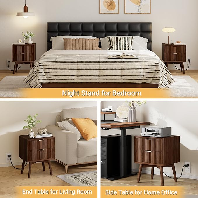 Fluted Nightstand, Night Stand Set 2, Nightstands Set of 2 with Beveled Edges & Solid Wood Legs, 2 Drawer Wooden End Table with Charging Station, Modern Bedside Table for Bedroom, Walnut
