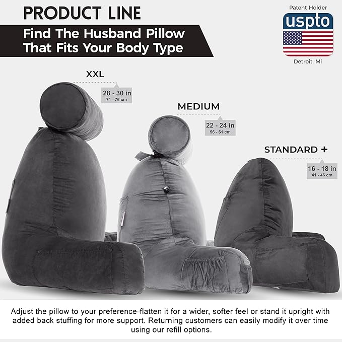 Husband Pillow XXL Aspen Edition, Adult Reading Sit Up Bed Rest Pillow for Bed with Arms & Neck Roll on Bungee Cord - Premium Memory Foam - Reversible 2 Sided Cover Micro Suede or Plush, Iron Grey