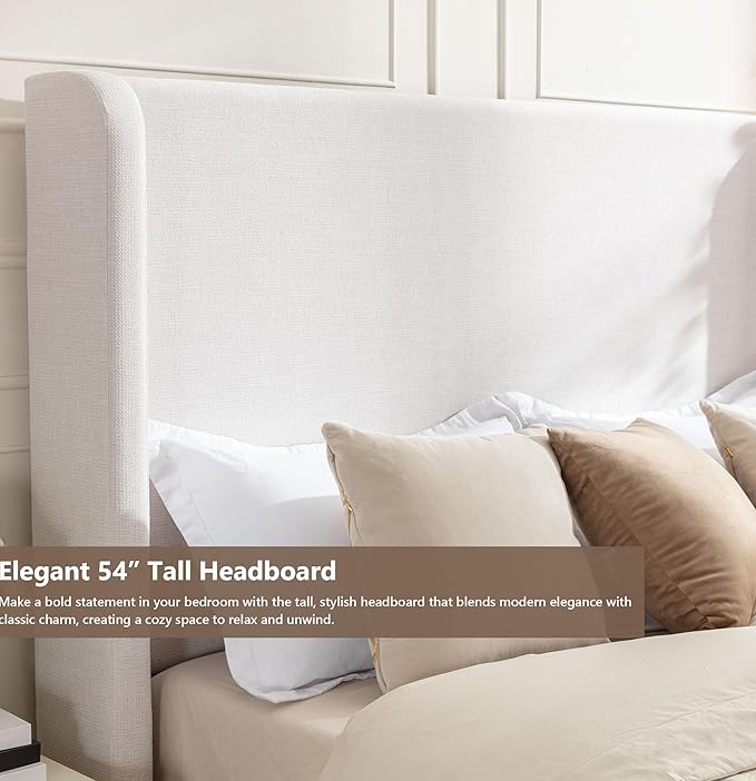 Harper Upholstered Wingback Bed Frame with 54" Extra-Tall Headboard - Modern Textured Chenille Platform Bed, Solid Oak Wood Feet, Sturdy Metal Foundation, Box Spring Required(Ivory Queen)