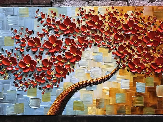 YaSheng Art -handpainted Texture Flowers Contemporary Art Oil Painting On Canvas Abstract Canvas Art 3D Red Tree Paintings Modern Home Wall Art for living room Bedroom Dining Room Office Wall Decor 24x48inch
