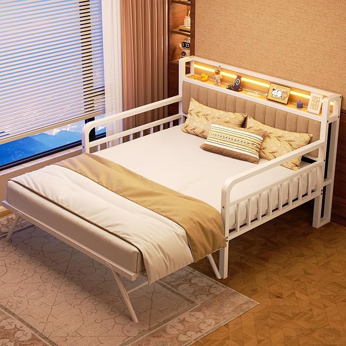 Daybed with Trundle and LED Light, Heavy Duty Metal Full Bed Frame with Upholstered Storage Headboard & Charging Station, Day Bed Pop Up Trundle Bed for Living Room,Bedroom and Guest Room, White