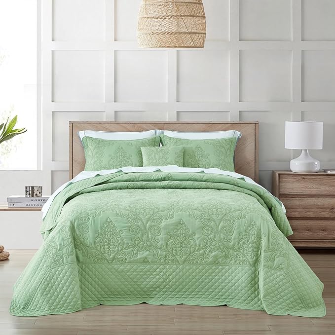 CHIXIN Bedspread Coverlet Set Queen Size - Lightweight Bedding Cover - Beautiful Stitching - 5 Piece Reversible Bedspread - Luxury Damask Paisley Pattern (Queen, Peak Green)