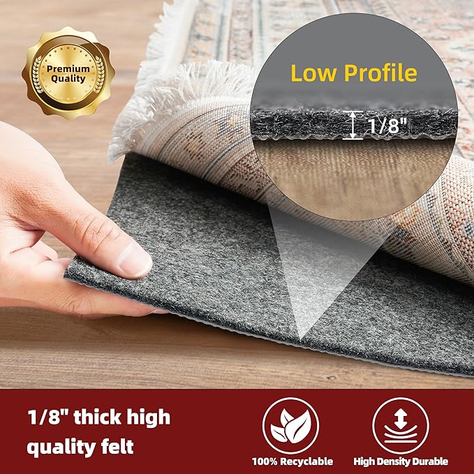 BAGAIL Felt and Natural Rubber Backing Rug Pads 1/8” Thick, 7.5 x 10 Ft Non Slip Rug Gripper Keep Rugs in Place, Under Area Rug Protective Cushioned Pads, Carpet Runners, Hardwood Floors Protection