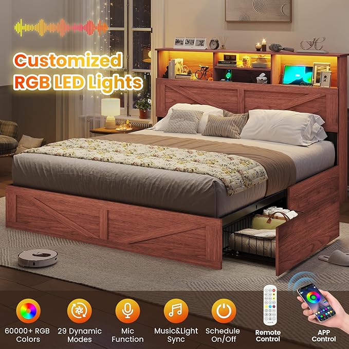 VIAGDO Farmhouse Bed Frame Full Size with Bookcase Storage Headboard, Charging Station and LED Lights, Wooden Full Bed Frame with 4 Drawers, Barn Door Design, No Box Spring Needed, Reddish Brown