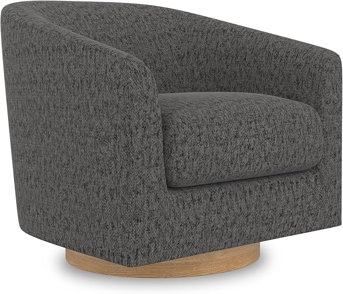 Swivel Barrel Accent Chair with Solid Wood Base, Round Fabric Living Room Arm Chairs, Modern Upholstered Comfty Reading Nook Chairs for Bedroom, Club Armchair, Single Sofa Side Chair, Grey