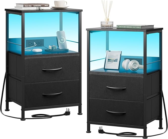 WLIVE Night Stand Set of 2 with Charger Station, Black Nightstand Sets with 2 Fabric Drawers and Storage Shelf, LED Bedside Table, Bedroom Small End Tables with 3 USB Ports and 2 AC Outlets