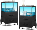 WLIVE Night Stand Set of 2 with Charger Station, Black Nightstand Sets with 2 Fabric Drawers and Storage Shelf, LED Bedside Table, Bedroom Small End Tables with 3 USB Ports and 2 AC Outlets