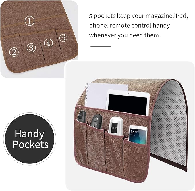 Sofa Armrest Organizer, Remote Control Holder for Recliner Couch, Arm Chair Caddy with 5 Pockets for Magazine, Tablet, Phone, iPad