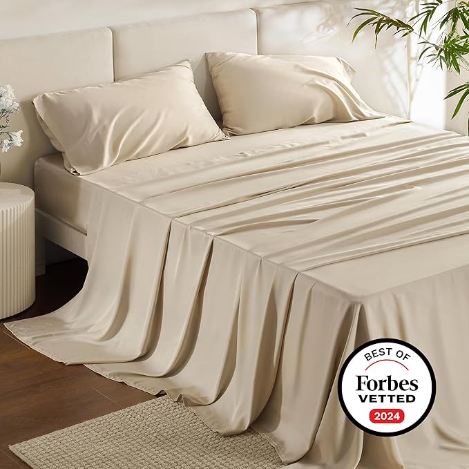 Bedsure California King Sheet Sets, Cooling Sheets for Hot Sleepers, Rayon Derived from Bamboo, Deep Pocket Up to 16 Inches, Breathable & Soft, Hotel Luxury Silky Bedding, Beige