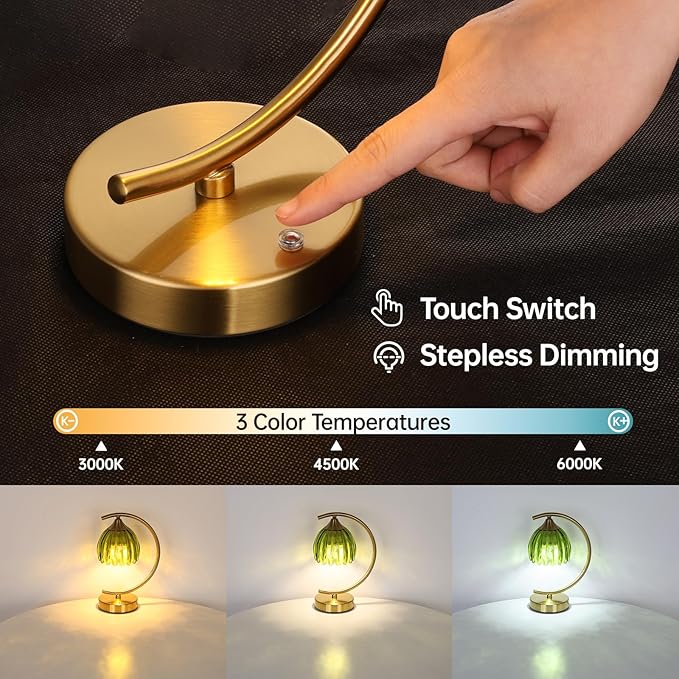 Tulip Table Lamp with 5200mAh Battery & Touch Control, Cordless Lamp with 3 Color Temperatures Clear Bulb, Rechargeable Small Table Lamps for Living Room, Bedside, Nightstand (Green Tulip)