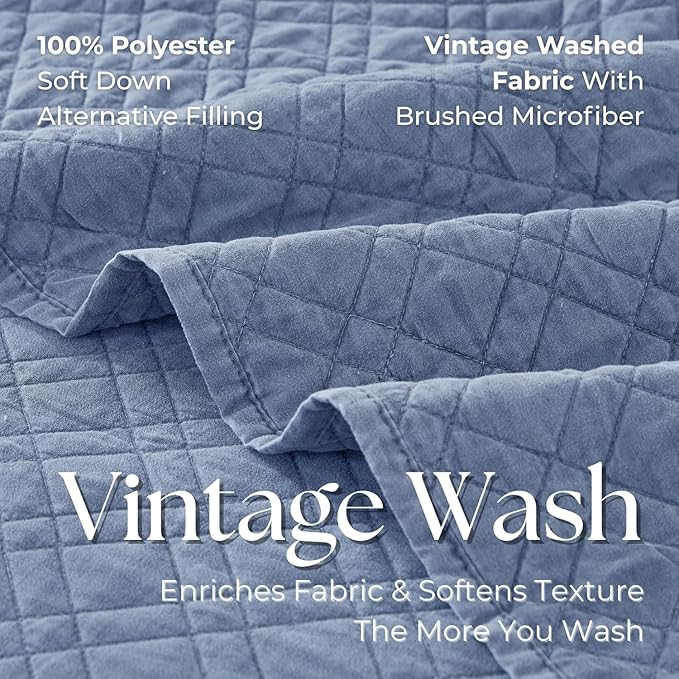Cali King Quilt Set with Shams Lightweight Quilted Bedspread Coverlet Thin Comforter Bed Cover Vintage Washed Quilted Blanket for All Season, Brushed Microfiber Diamond Stitching, Blue, 111"x92"