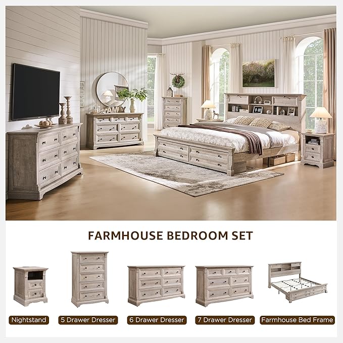 T4TREAM Farmhouse King Size Bed Frame with 54" Tall Storage Bookcase Headboard, Wood Platform Bed Frame with 18" Roman Column Decoration Footboard & 2 Drawers, No Box Spring Needed(Light Rustic Oak)