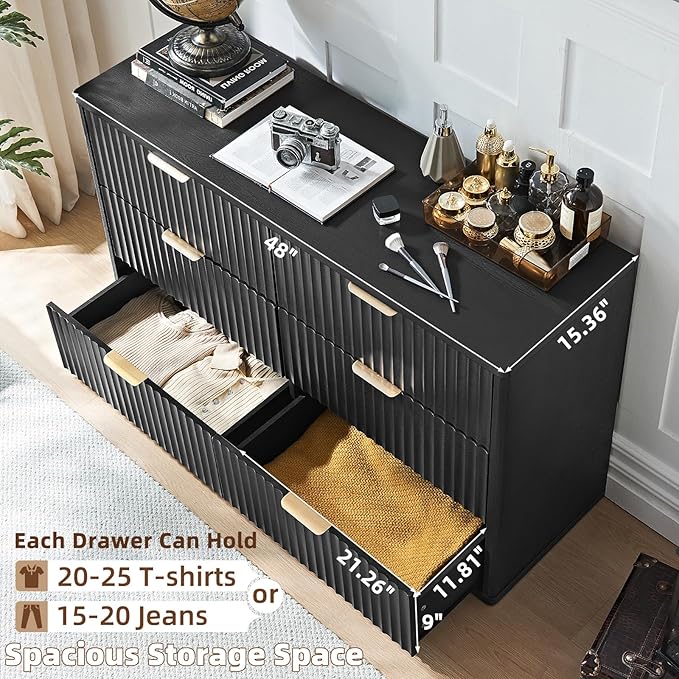 LEYAOYAO 48" Wide Fluted Dresser and 3 Drawers 23" Nightstand Set of 2, Wooden Dresser & Night Stand with Charging Station, 3 Piece Bedroom Furniture Set, Chest of Drawer for Living Room,Black