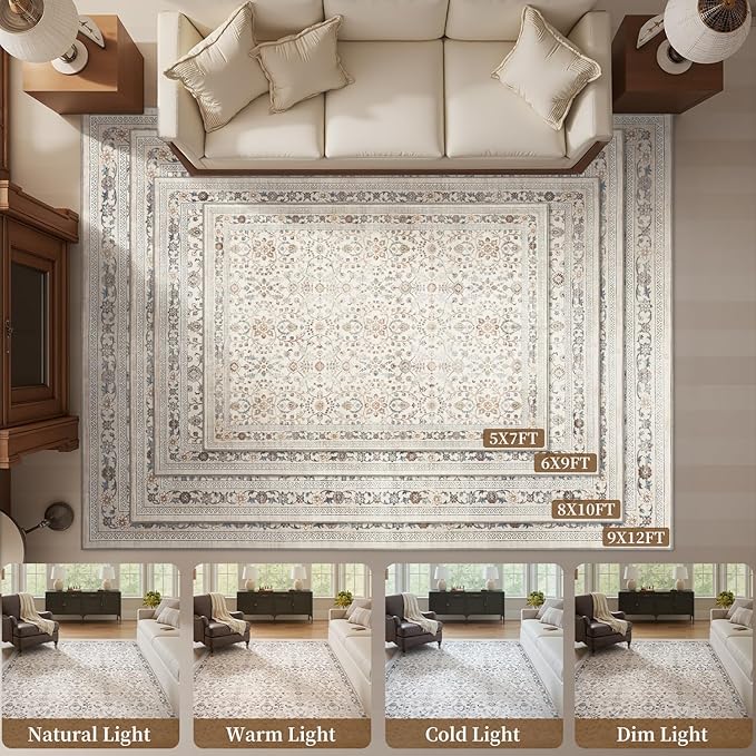 MontVoo-Vintage Area Rug 6X9 Beige Rugs for Living Room-Soft Distressed Printed Rugs for Bedroom-Non Slip Carpet-Machine Washable Rug for Dining Room Living Room Bedside Office