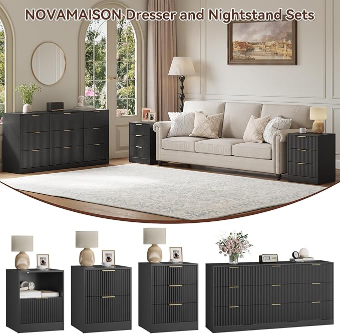 9 Drawer Black Dresser & Nightstand Set 3-Piece - 63” Long Fluted Dresser Set Night Stand Set of 2 with Metal Handle, Modern Wood Chest of Drawers Storage Dressers Set for Bedroom, Black