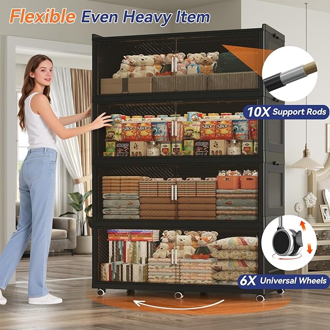 320GAL Extra Large Storage Bins with Lid, 1280QT Collapsible Organizer with Wheels, Stackable Closet Cabinet with Doors, Folding Storage Containers for Home, Office, Kitchen, 4Pack Black