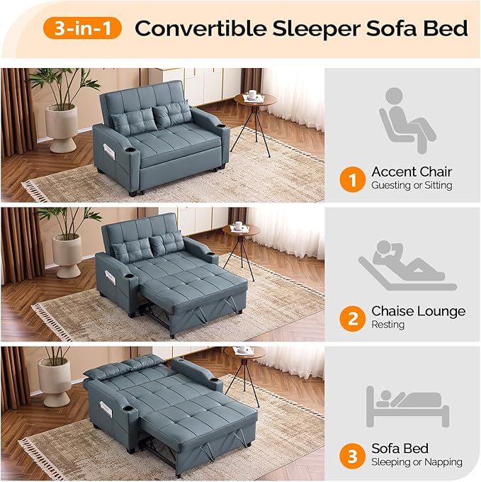 VINGLI Blue Grey Futon Sofa Bed Convertible Loveseat Sleeper Couch, Faux Leather Pullout Sofa Fold Out Couch Bed with USB Ports, Cup Holders, Armrest for Living Room, Bedroom Apartment Room