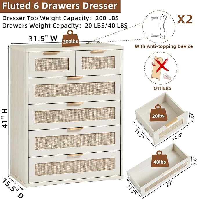 LEYAOYAO White Dresser for Bedroom, 41" Tall Chest of Drawers, Modern 6 Drawers Boho Rattan Dressers with Storage, Dresser Wooden Closet Organizer for Living Room, Hallway