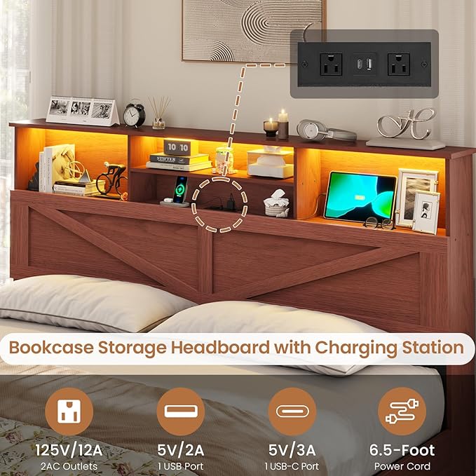VIAGDO Farmhouse Bed Frame King Size with Bookcase Storage Headboard, Charging Station and LED Lights, Wooden King Bed Frame with 4 Drawers, Barn Door Design, No Box Spring Needed, Reddish Brown