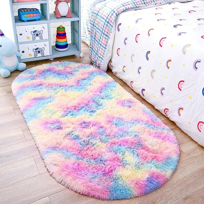 Noahas Fluffy Rainbow Rugs for Bedroom Girls,2'X5' Oval Throw Rug for Kids Room,Shag Hallway Runner Rug,Small Soft Shaggy Bedside Non-Slip Plush Nursery Dorm Carpet Home Decor
