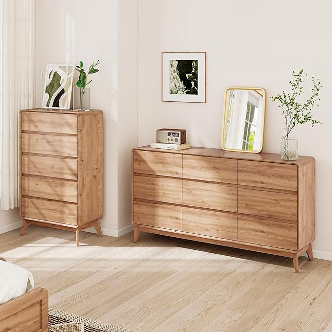50" Tall Dresser for Bedroom, Vertical Dressers with 5 Drawers and Curved Profile Handleless Design, Chest of Drawers with Natural Texture for Living Room, Hallway and Entryway,Walnut