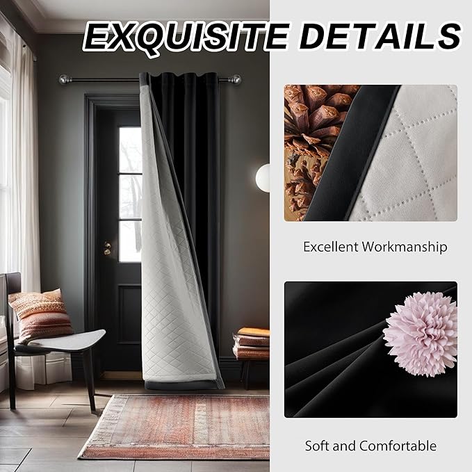 3-in-1 Winter Heavy Curtains-Thermal 100% Blackout Curtains for Bedroom Living Room with Grommet Design 1 Panel Black 50x80 Inch