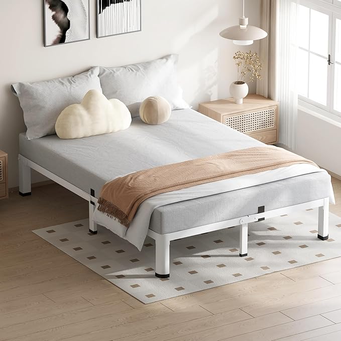 10 Inch White King Size Bed Frame, 3500Lbs Heavy Duty Metal Platform with Round Corner Legs Mattress Slide Stopper, Steel Slat Support No Box Spring Needed, Noise Free, Non-Slip, Easy Assembly