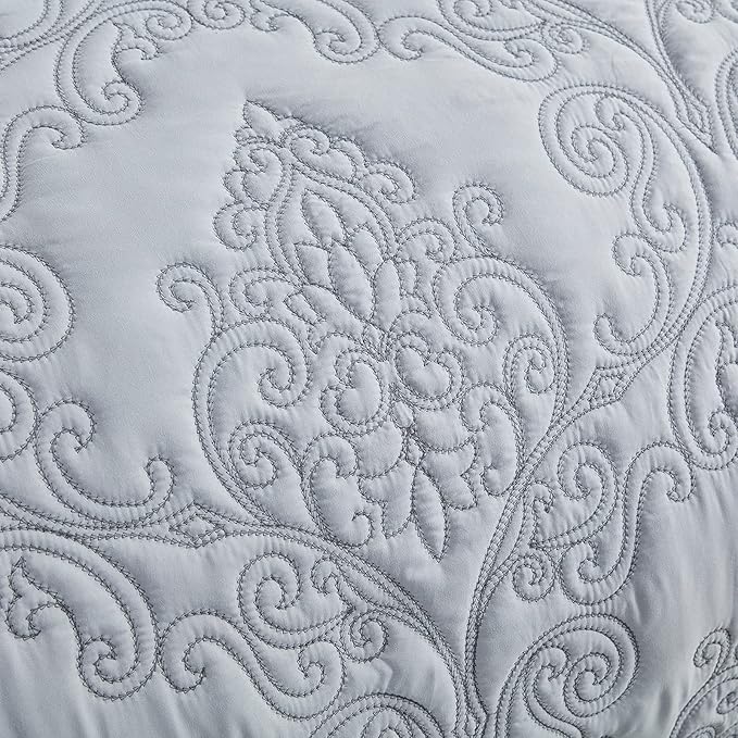 CHIXIN Bedspread Coverlet Set Queen Size - Lightweight Bedding Cover - Beautiful Stitching - 5 Piece Reversible Bedspread - Luxury Damask Paisley Pattern (Queen, Light Grey)