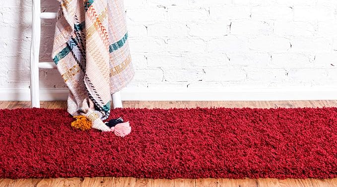 Unique Loom Solid Shag Collection Area Rug (2' 6" x 13' 1" Runner, Cherry Red)