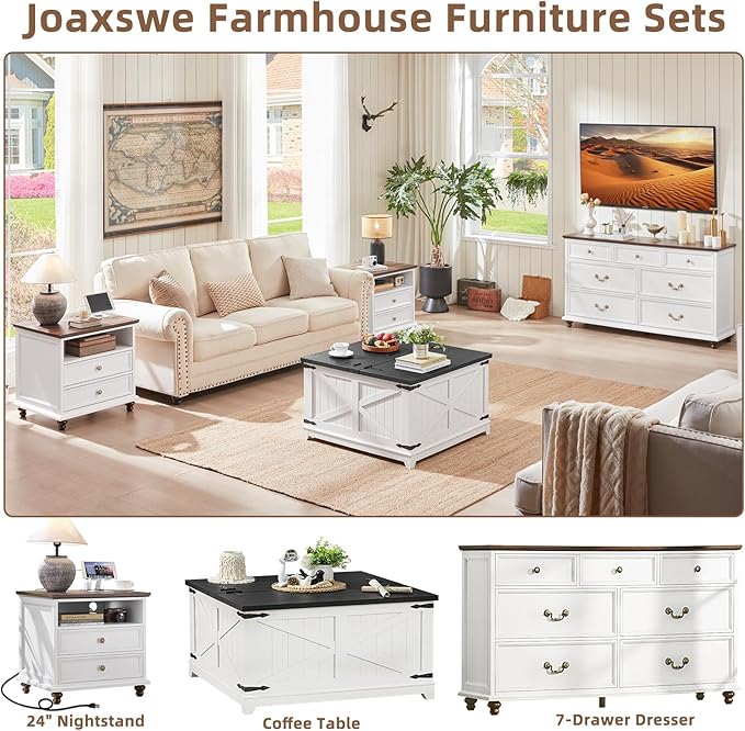 24" Wide Farmhouse Nightstand Set of 2 with Charging Station,End Table with 2 Drawers,Dresser for Bedroom Cabinet, Bed Side Table Chest of Drawers, Wood Night Stand for Living Room, Closet,White