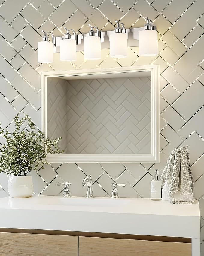 5 Light Bathroom Vanity Light, Brushed Nickel Vanity Lights for Morden Bathroom Lighting Fixtures Over Mirror Wall Light Fixtures with Milky White Frosted Shade ZCVL01BNW-5