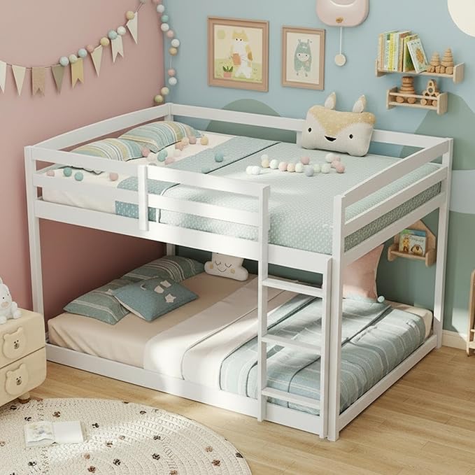 KOMFOTT Low Bunk Bed Full Over Full, Solid Wood Full Bed Frame with Built-in Ladder & Safety Guardrails, Teens, No Box Spring Needed, Space-Saving Low Bunk Bed for Kids