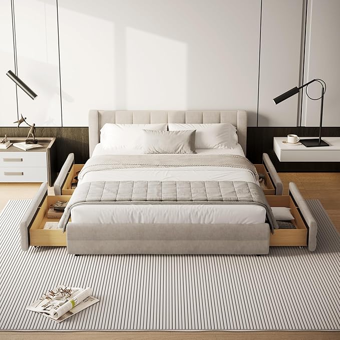 DEINPPA Queen Size Bed Frame with 4 Storage Drawers and Cloud Soft Headboard, Chenille Upholstered Grounded Wood Base Bed Frame, No Box Spring Needed-Beige