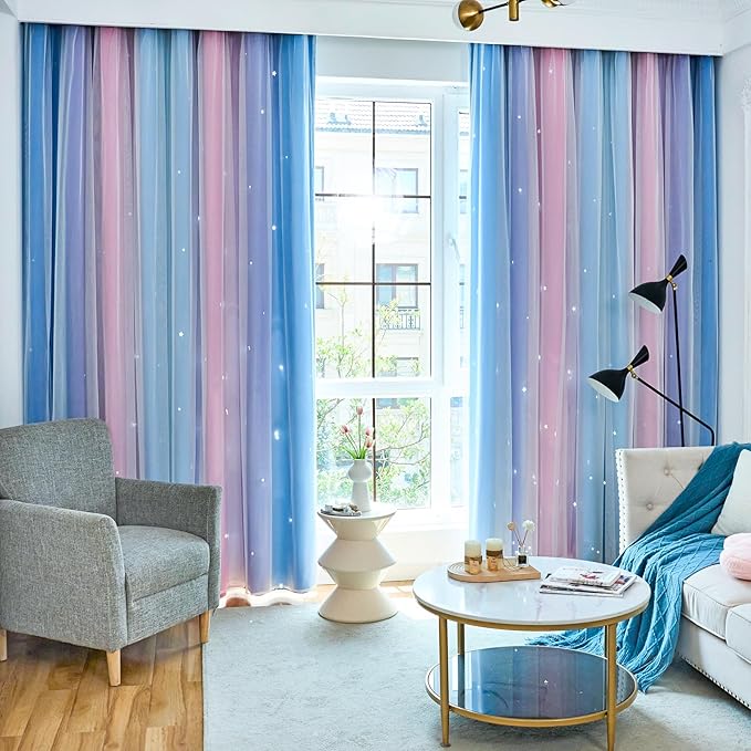 Star Blackout Curtains for Bedroom - Cute Kids Rainbow Curtains, 108 Inches Long 2 Panels, Blue & Purple & Pink