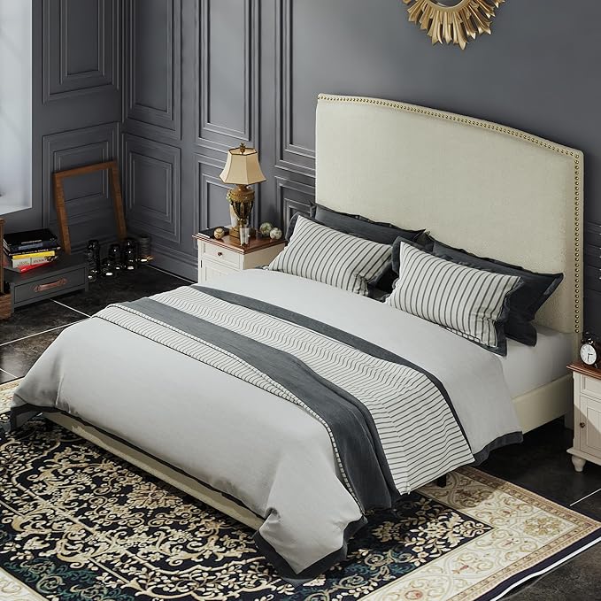 Full Size Bed Frame with Headboard, 56" Upholstered Platform Bed with Nailhead Trim, Soft Boucle Fabric, No Box Spring Needed, Easy Assembly, Cream