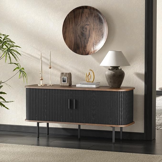 55''W Black Cabinet with Storage, Media Console, Tambour TV Stand, Television Stands with Curvy Edge; Sliding Door, Fluted Cabinet, Buffet Sideboard, Credenza, Table Stand for Living Room, Kitchen