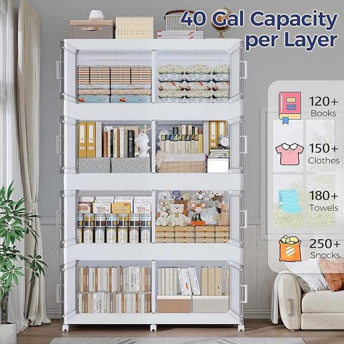 640 QT Extra Large Stackable Storage Bins with Lid, 160 Gal Collapsible Storage Box with Wheels, Folding Closet Organizers and Storage Cabinet with Doors for Home, Kitchen, Office, 4Pack White