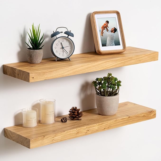fuqing Floating Shelves for Wall, 24 inch Rustic Solid Elm Wood Floating Shelves, Wooden Wall Shelves with Invisible Heavy Duty Brackets for Living Room, Bedroom, Kitchen, Bathroom, 2 Pack, Natural