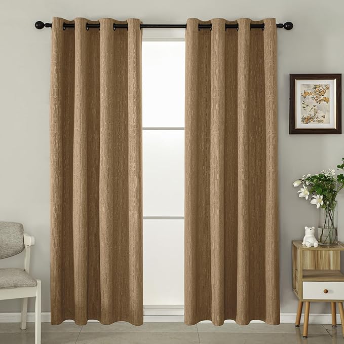 Jacquard Linen Curtains 96 inch Length 2 Panels Thick Faux Linen Blended Window Drapes Burlap Textured Curtains with Grommet for Living Room Bedroom Farmhouse (52x96 Light Coffee) Natural