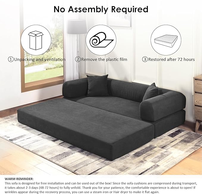 80" Convertible Sofa Bed, 3-in-1 Corduroy Folding Pull Out Couch with Pillows, No Assembly Modern Boneless Couch Compression Sofa in Box, Floor Sofa with Side Storage Pocket for Living Room,Dark Grey