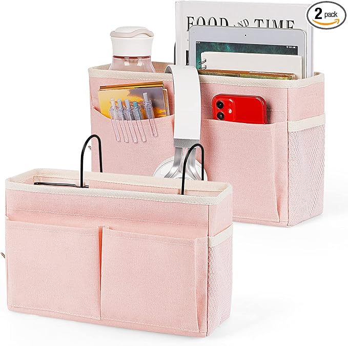Retyion Bedside Caddy Bedside Storage Organizer Hanging Bunk Bed Dorm Room with Side Pockets for Water Bottles, Books, Cell Phones, Headphones 2 Pack (Pink)