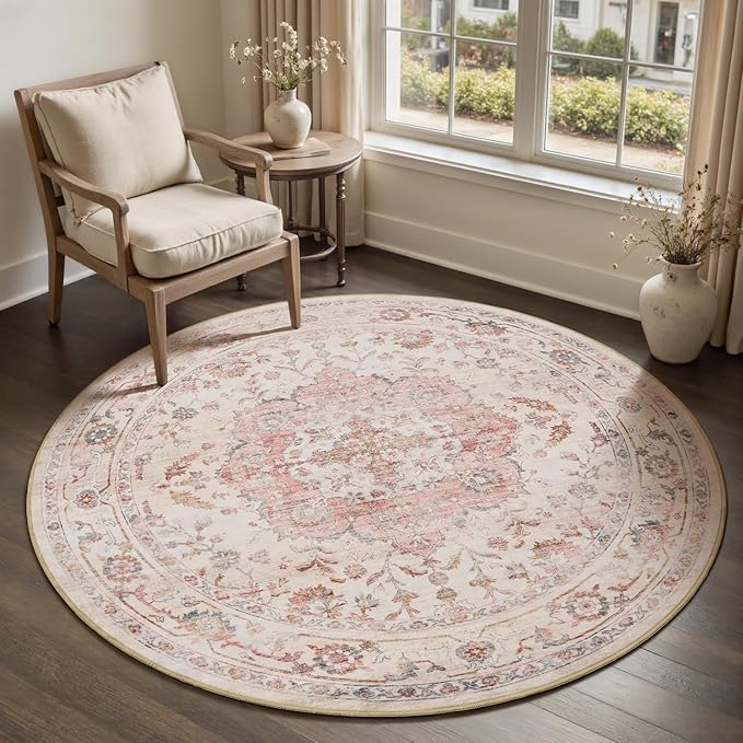PADOOR 6FT Round Rug,Rugs for Living Room,Soft Pink Circle Rug,Machine Washable Rugs for Bedroom,Non Slip Carpet,Rug for Dining Room Living Room Bedside Office
