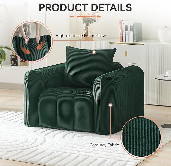 Oversized Boneless Corduroy Accent Chair, Comfy Deep Seat Armchair for Bedroom, Modern Upholstered Living Room Sofa Chair with Pillow, No Assembly, Green