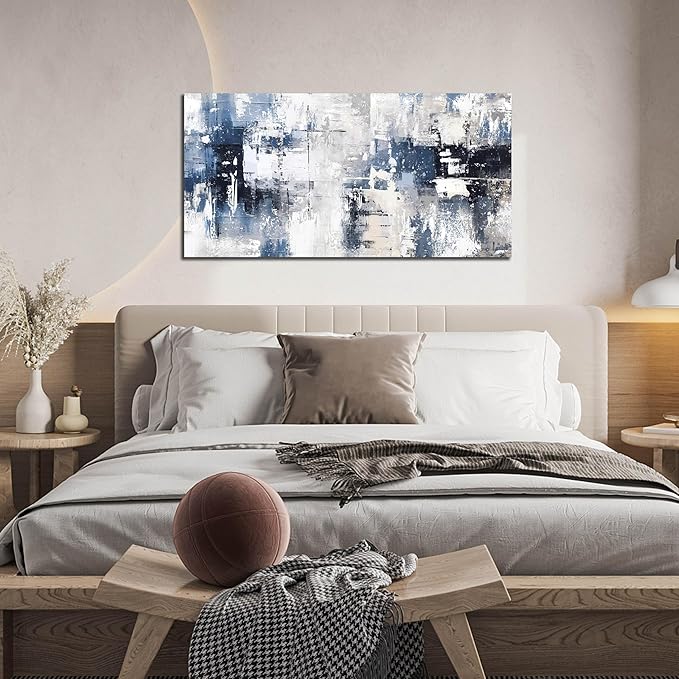 Prepeyssee White and Blue Abstract Canvas Wall Art for Living Room Bedroom Home Office Large Modern Grey Abstract Canvas Prints Picture Ready to Hang Size 20x40